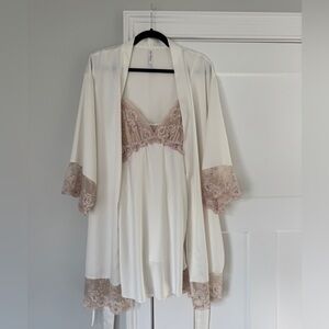 Flora Nikrooz Cream and Nude Lace Robe and Nightgown